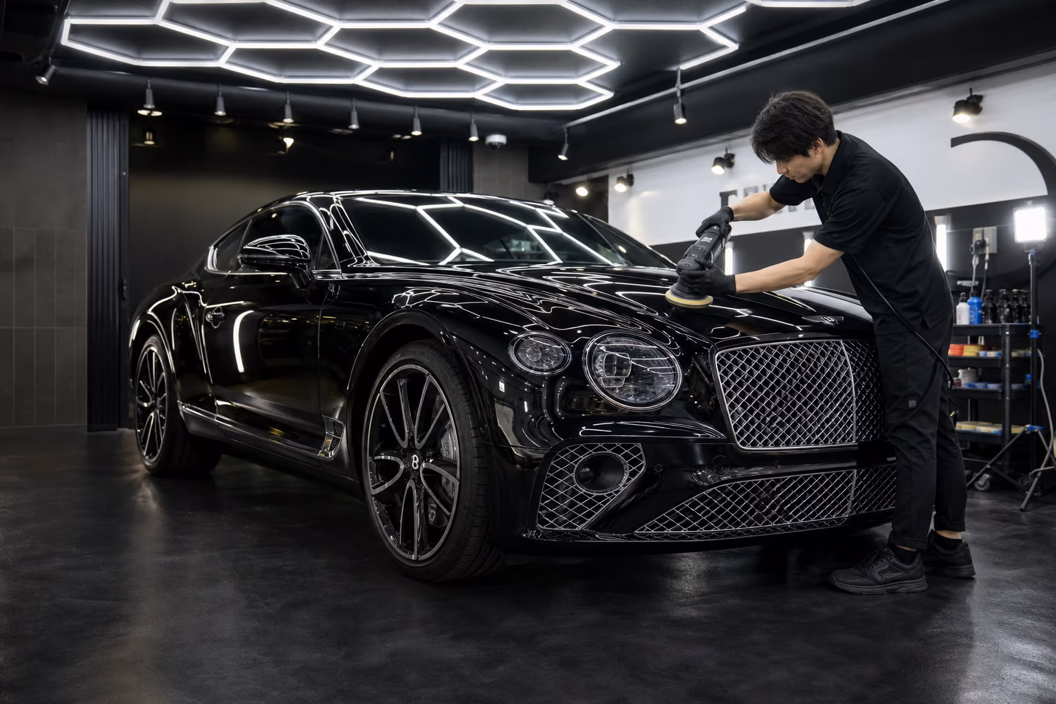 明るい六角LED施工ブースで黒いベントレー・コンチネンタルGTのフロントをポリッシャーで磨く職人